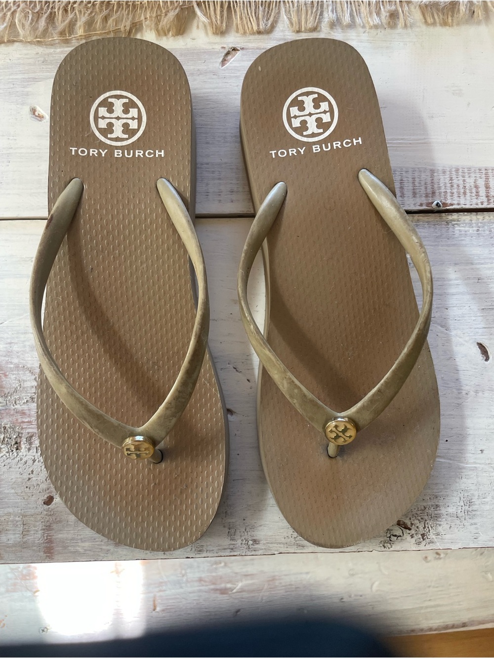 Tory Burch Metallic Gold Strap Brown Footbed Platform Flip Flops